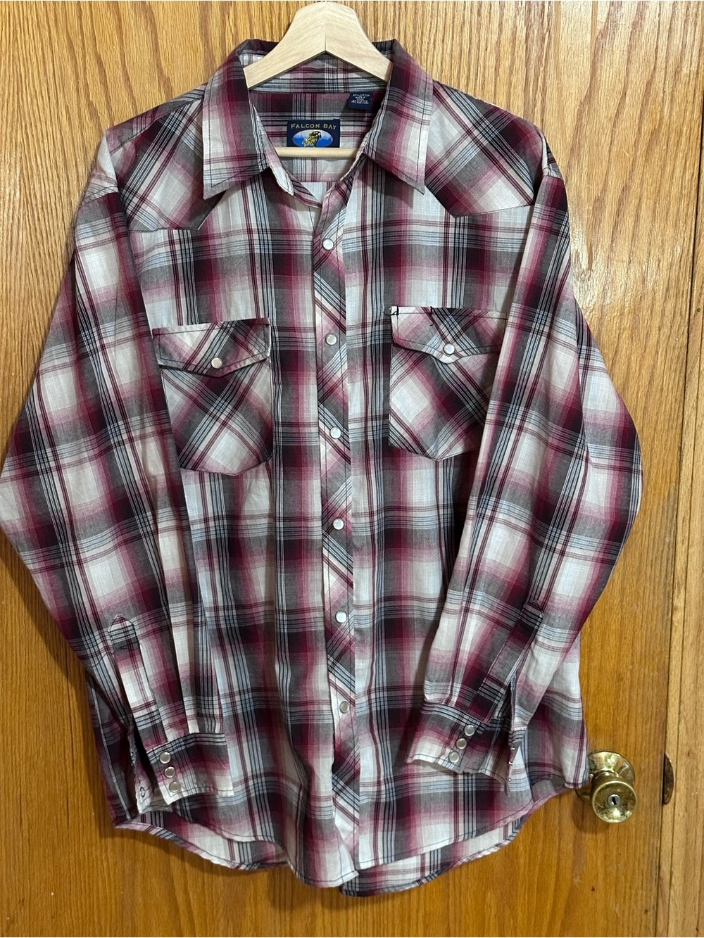 Falcon Bay Men's Burgundy, White‎ and Gray Plaid western pearl snap sz large